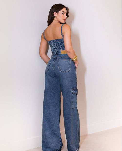 Calça Jeans Wide Leg Feminina Cargo Relaxed Cintura Baixa 29214 Medio Vintage