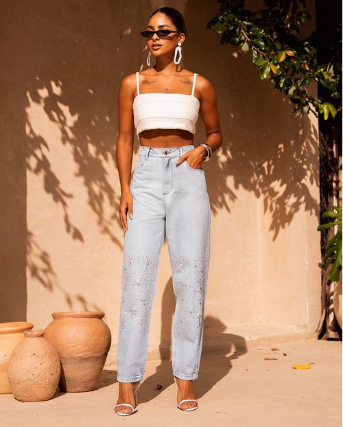 Calça Jeans Mom Feminina com Bordado e Aplicação 23840 Sky Claro