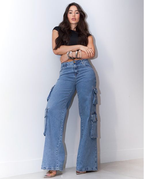 Calça Jeans Wide Leg Feminina Relaxed Cargo 24659 Sky