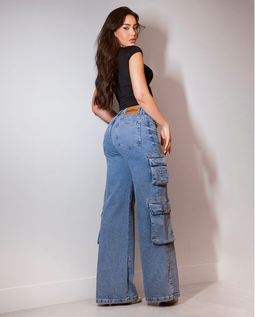 Calça Jeans Wide Leg Feminina Relaxed Cargo 24659 Sky