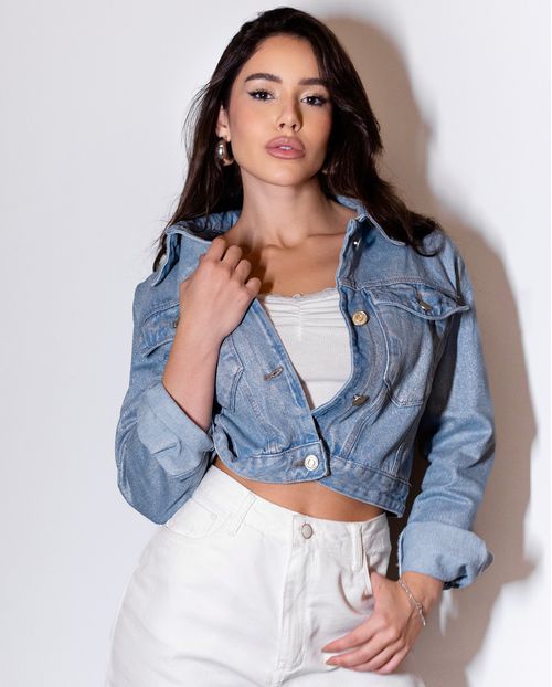 Jaqueta Jeans Cropped Feminina Básica 23669 Clara com Glitter