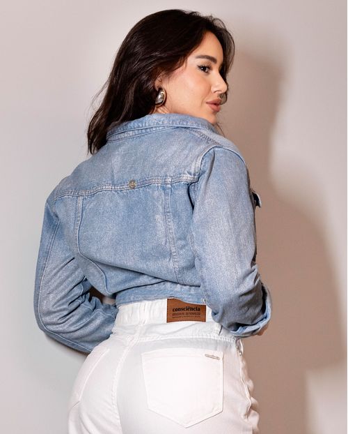 Jaqueta Jeans Cropped Feminina Básica 23669 Clara com Glitter