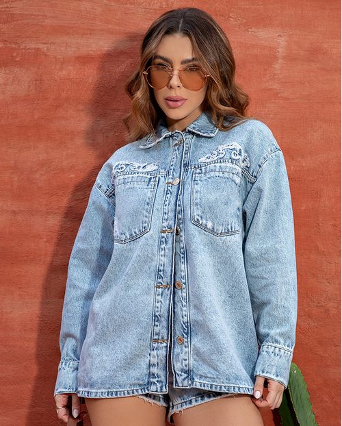Camisa Jeans Oversize Feminina com Bordado Ana Castela 24342 Clara