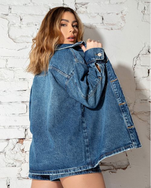 Camisa Jeans Oversize Feminina com Bordado Ana Castela 24342 Média