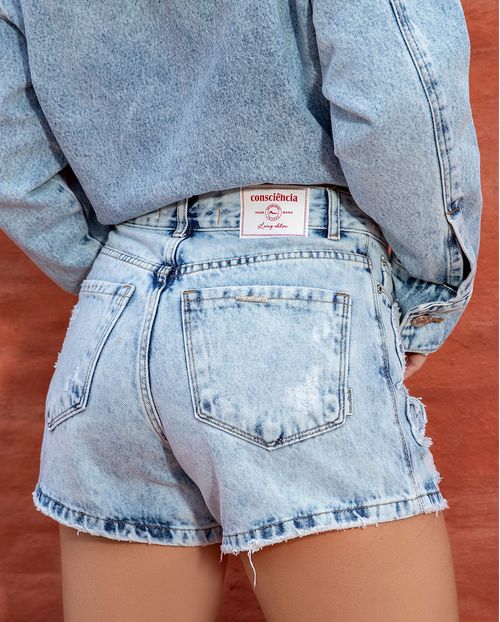 Shorts Jeans Mom Feminino Cintura Média com Bordado Ana Castela 24332 Clara