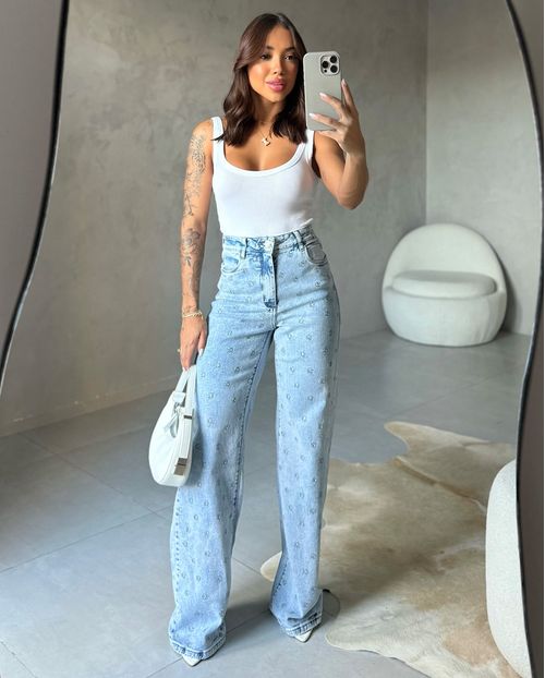 Calça Jeans Wide Leg Feminina Cintura Alta Bordado Estrelas 23800 Sky