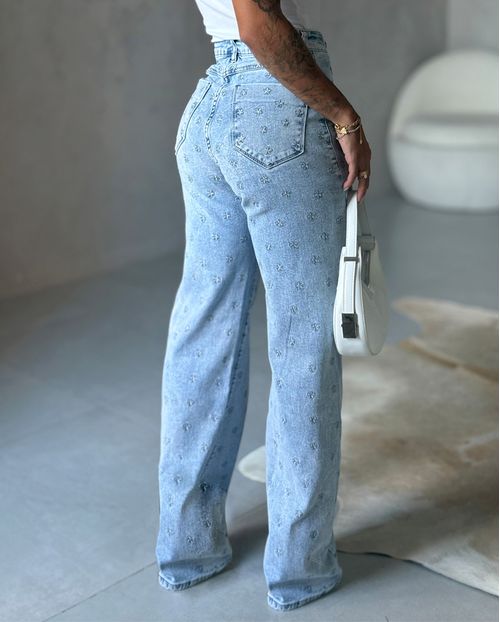 Calça Jeans Wide Leg Feminina Cintura Alta Bordado Estrelas 23800 Sky