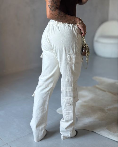 Calça Jeans Off Jogger Cargo Feminina Cintura Média Básica 23738 Off White