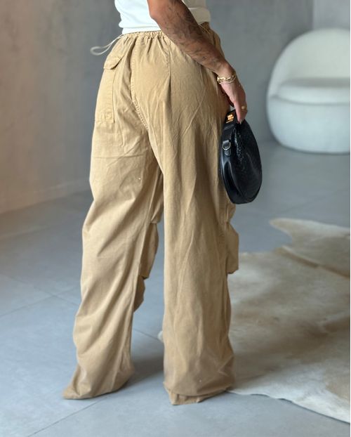 Calça Sarja Wide Leg Parachute Feminina Cintura Média 22706 Caqui