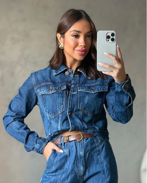 Jaqueta Jeans Cropped Feminina Básica 00901 Escura