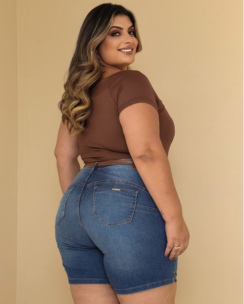 Bermuda Jeans Meia Coxa Feminina Plus Size com Cinto 24558 Sky