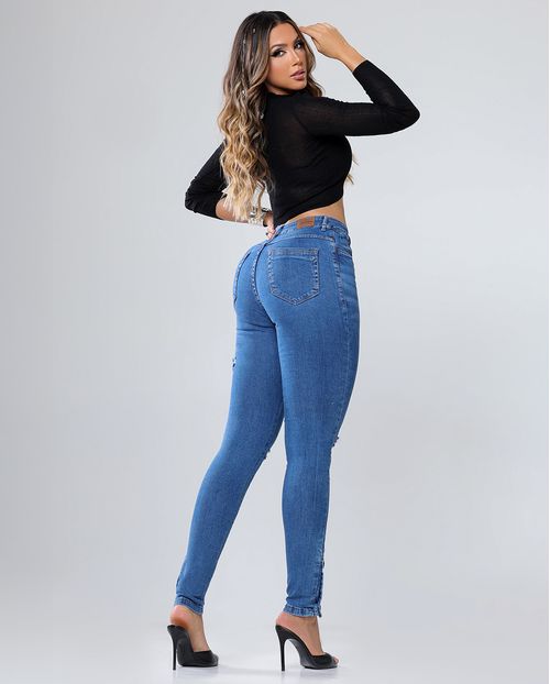 Calça Jeans Feminina  Hot Pants Rasgada com Botões de Pressão 21331	 Média Rasgada