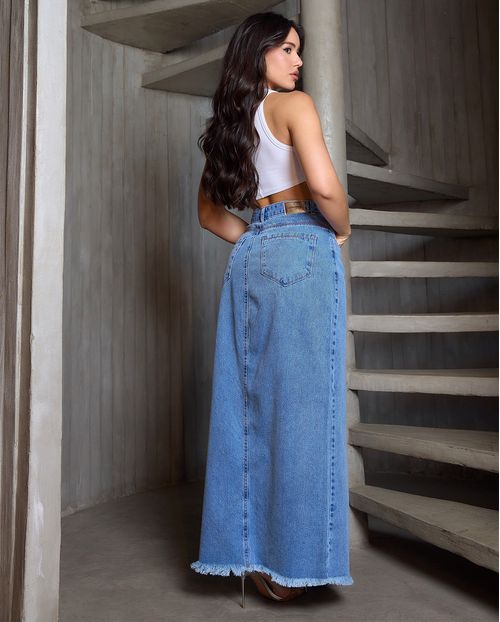 Saia Jeans Longa Feminina Cintura Alta com Abertura Frontal 23531 Média