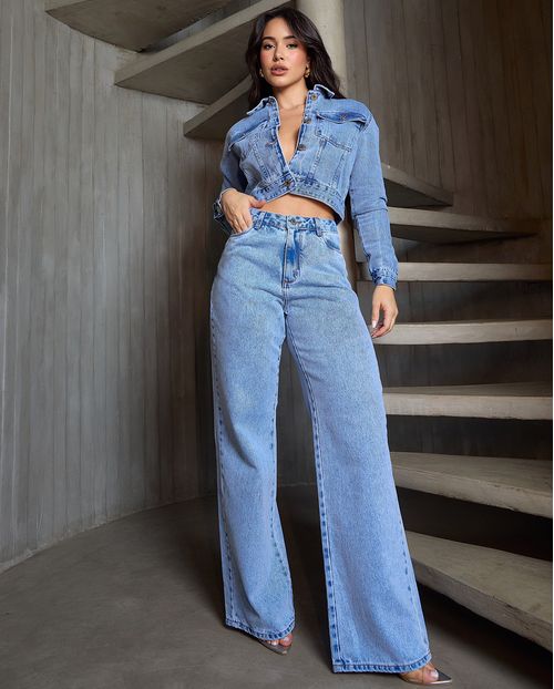 Calça Jeans Wide Leg Feminina Cintura Alta Básica Algodão 29000 Sky Médio