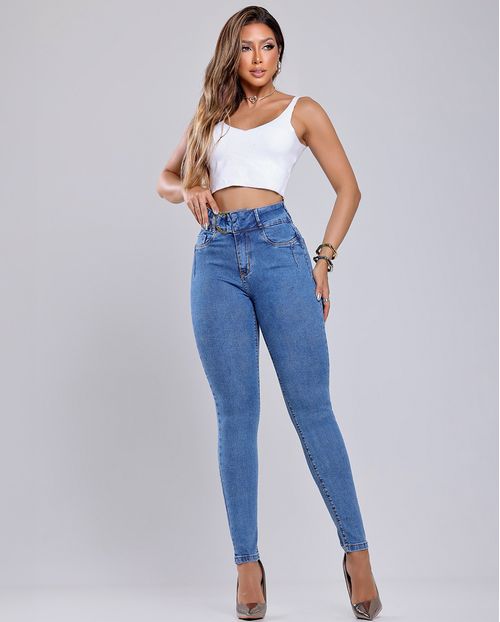 Calça Jeans Feminina Skinny Hot Cós com Fivela Cintura Alta 24314 Média