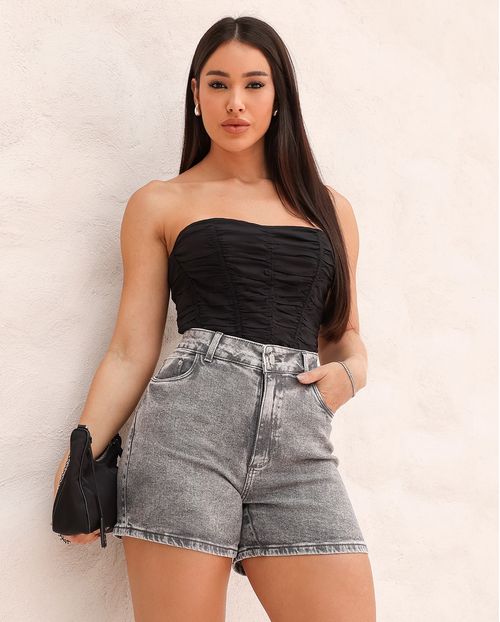 Shorts Jeans Mom Feminino Cintura Alta Básico com Elastano 70201 Cinza