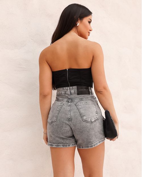Shorts Jeans Mom Feminino Cintura Alta Básico com Elastano 70201 Cinza