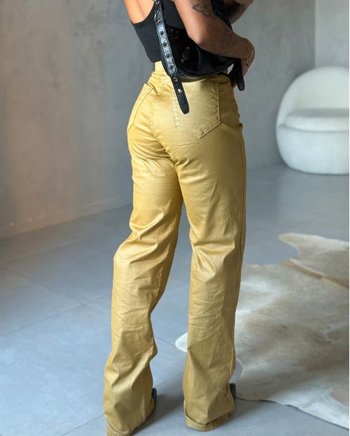 Calça Sarja Resinada Wide Leg Feminina Cintura Alta Color 22752 Ouro