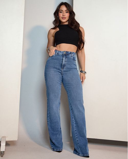 Calça Jeans Wide Leg Feminina Cintura Alta 28021 Sky Médio