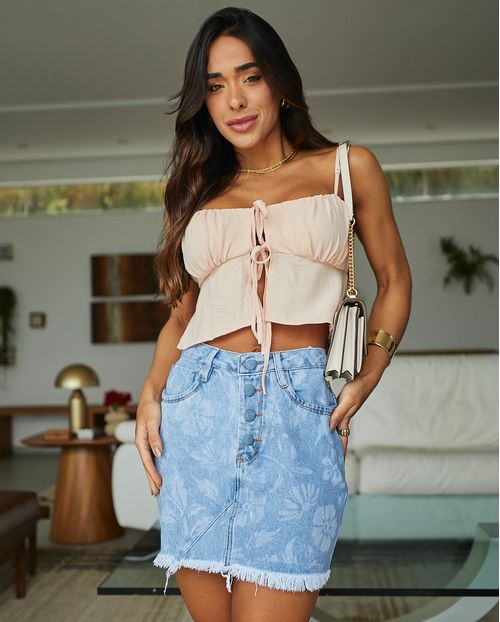Mini-Saia Jeans Feminina Clara Estampada com Botões Revestidos   21439 Clara