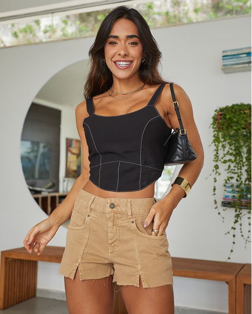 Shorts Sarja Boyfriend Feminino Cintura Média Recorte Frontal 22527 Caqui