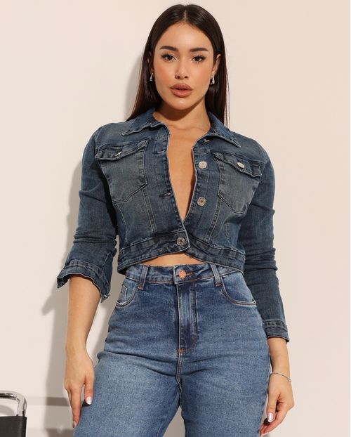 Jaqueta Jeans Cropped Feminina com Elastano 23901 Escura