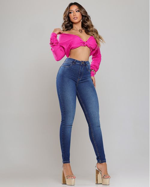 Calça Jeans Skinny Hot Feminina Cintura Alta 00510 Escura com Used