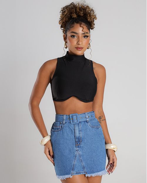Mini Saia Jeans com Cinto Revestido e Barra Desfiada  22444 Média