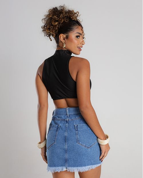 Mini Saia Jeans com Cinto Revestido e Barra Desfiada  22444 Média