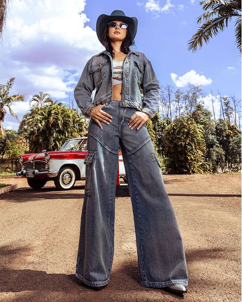 Calça Jeans Wide Leg Feminina Relaxed Cargo 24601 Sujinha