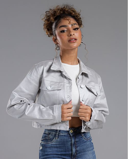 Jaqueta Sarja Resinada Cropped Feminina Color 22751 Prata