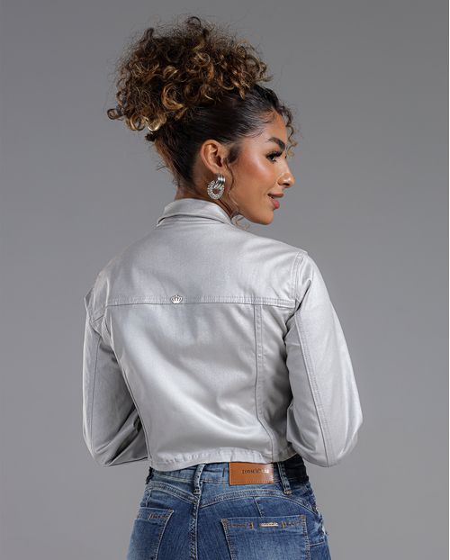 Jaqueta Sarja Resinada Cropped Feminina Color 22751 Prata
