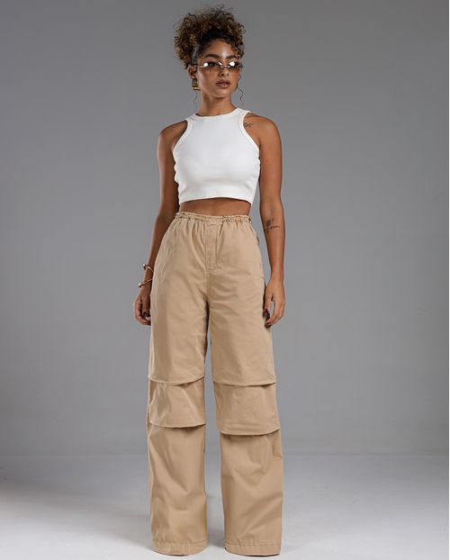 Calça Feminina Wide Leg Parachute com Reguladores de Elástico No Cós  22968 Caqui