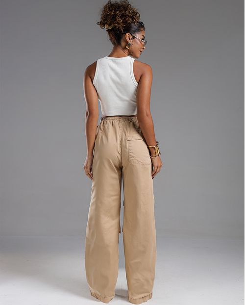 Calça Feminina Wide Leg Parachute com Reguladores de Elástico No Cós  22968 Caqui