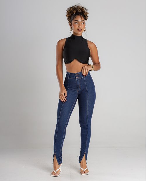 Calça Jeans Skinny Sexy Fit Feminina Cintura Alta Abertura Na Barra 23117 Escura