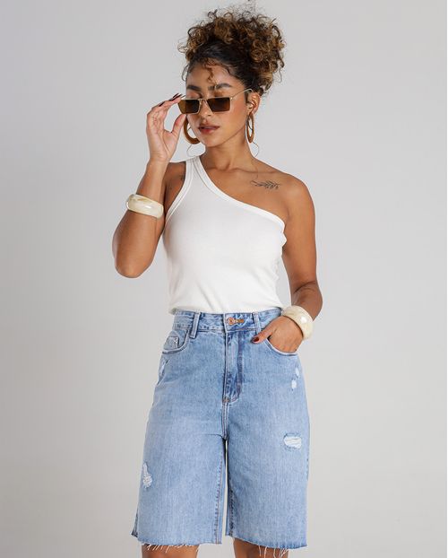 Bermuda Jeans Jorts Feminina Cintura Média Detalhe Rasgos 23564 Média