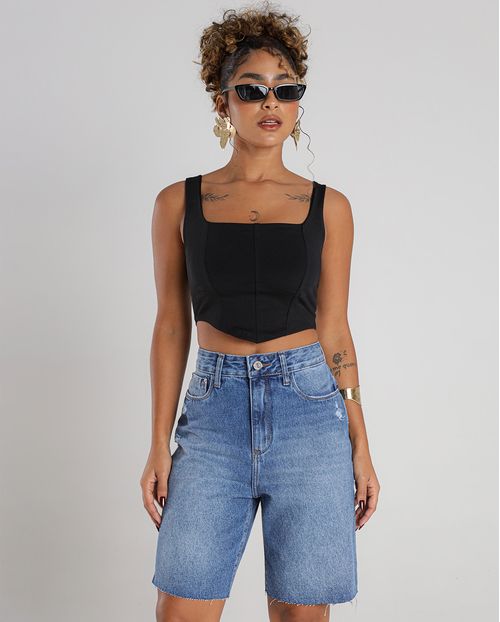 Bermuda Jeans Jorts Feminino Cintura Média Barra No Fio 23572 Vintage
