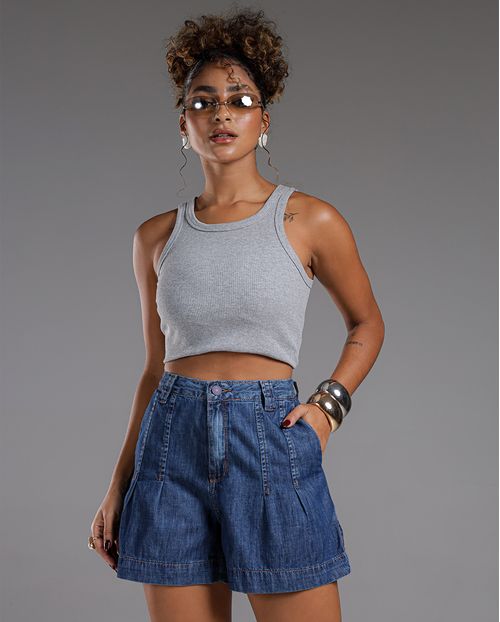 Shorts Jeans Mom Feminino Cintura Alta Detalhe Pregas 23635 Escura