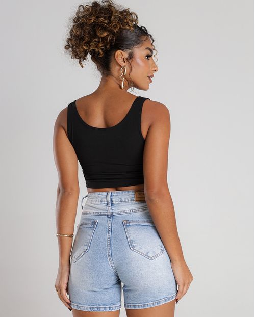 Shorts Jeans Mom Feminino Cintura Alta Jeans com Cordão 23659 Americano