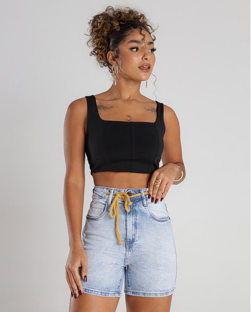 Shorts Jeans Mom Feminino Cintura Alta Jeans com Cordão 23659 Americano