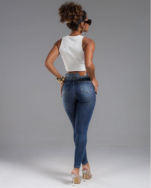 Calça Jeans Skinny Hot Feminina Cintura Alta Detalhes Puídos 23746 Escura
