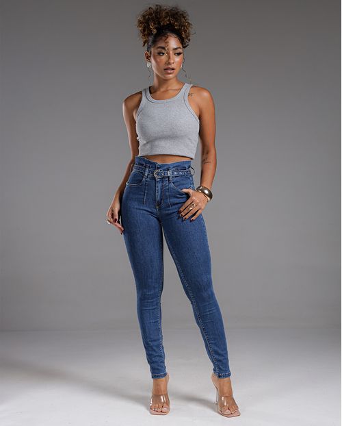 Calça Jeans Skinny Hot Clochard Feminina Cintura Alta com Cinto 23813 Médio/escuro