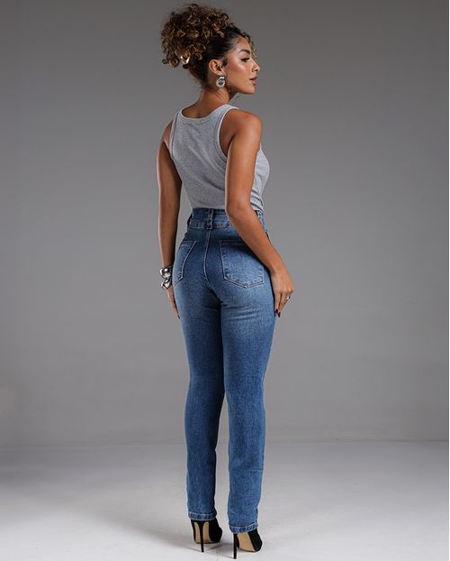 Calça Jeans Reta Feminina Cintura Alta Cós Largo 23941 Escura