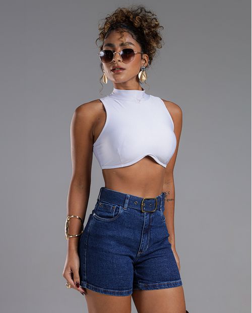 Shorts Jeans Mom Feminino Cintura Alta com Cinto 23980 Escura