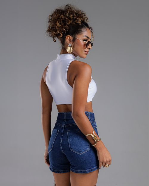 Shorts Jeans Mom Feminino Cintura Alta com Cinto 23980 Escura