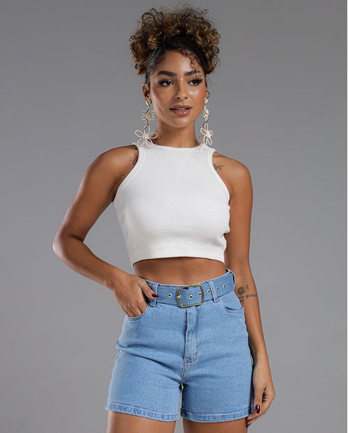 Shorts Jeans Mom Feminino Cintura Alta com Cinto 23980 Média