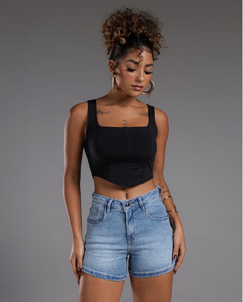 Shorts Jeans Mom Feminino Cintura Alta Detalhe Botão 24223 Sky