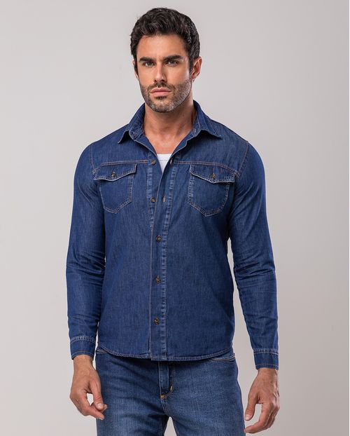 Camisa Jeans Masculina com Bolso Chapado 24607 Escura