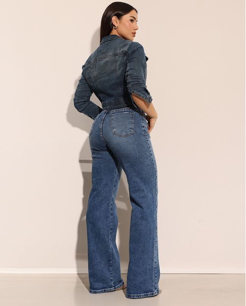 Calça Jeans Wide Leg Feminina Cintura Alta Básica com Elastano 28000 Sky Escuro