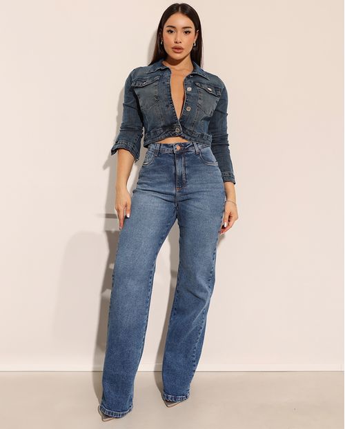 Calça Jeans Wide Leg Feminina Cintura Alta Básica com Elastano 28000 Sky Escuro